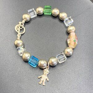 Sterling Silver 925 Beaded Bracelet w/ Glass & Round Silver Beads 7.75"